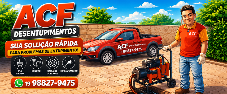 Banner ACF Desentupimentos: caminhonete e técnico uniformizado da equipe, equipamento de hidrojateamento, e os serviços de Pia e Ralo, Esgoto, Caixa de Gordura e Hidrojateamento. Telefone (19) 98827-9475.